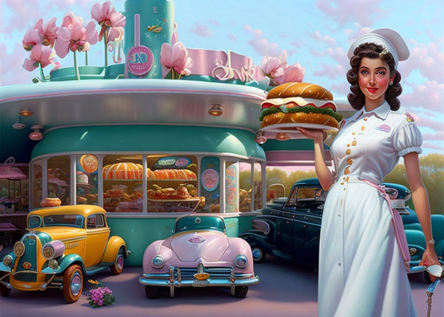 Vintage illustration of smiling waitress with burger in retro diner