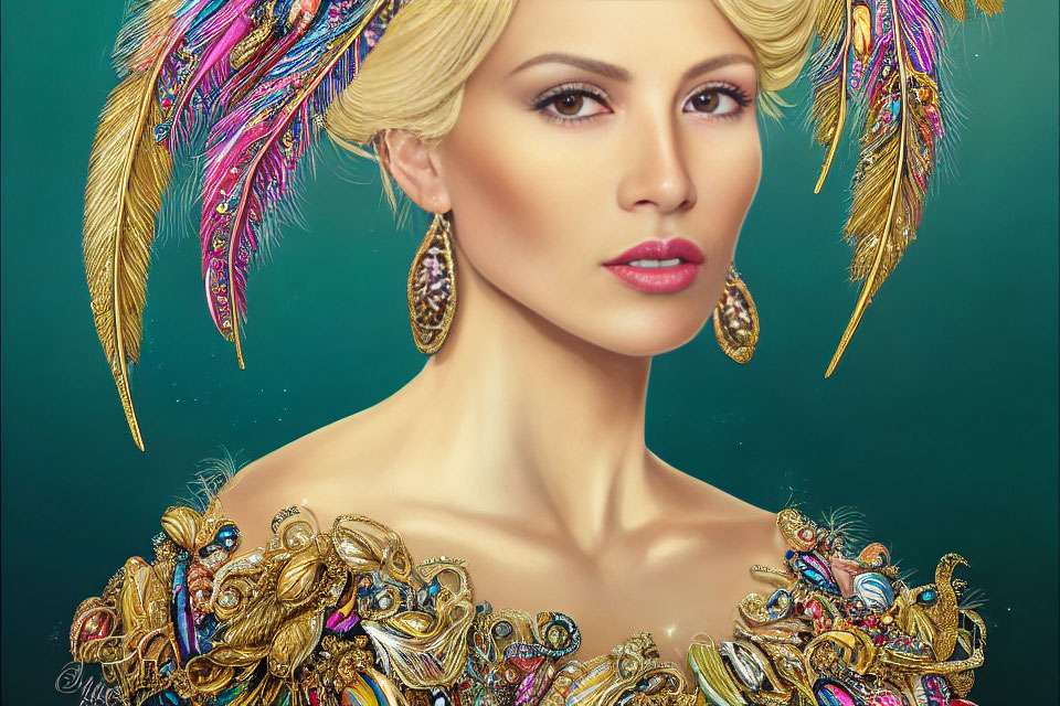 Woman with Striking Makeup and Golden Jewelry on Teal Background