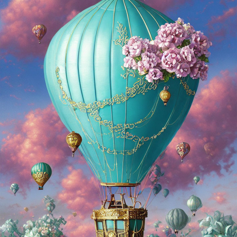 Blue and Gold Hot Air Balloon with Pink Flowers in Pink Clouded Sky