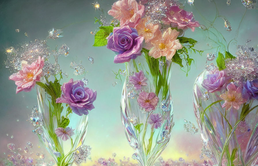 Glass vases with purple and peach flowers in a fantasy setting.
