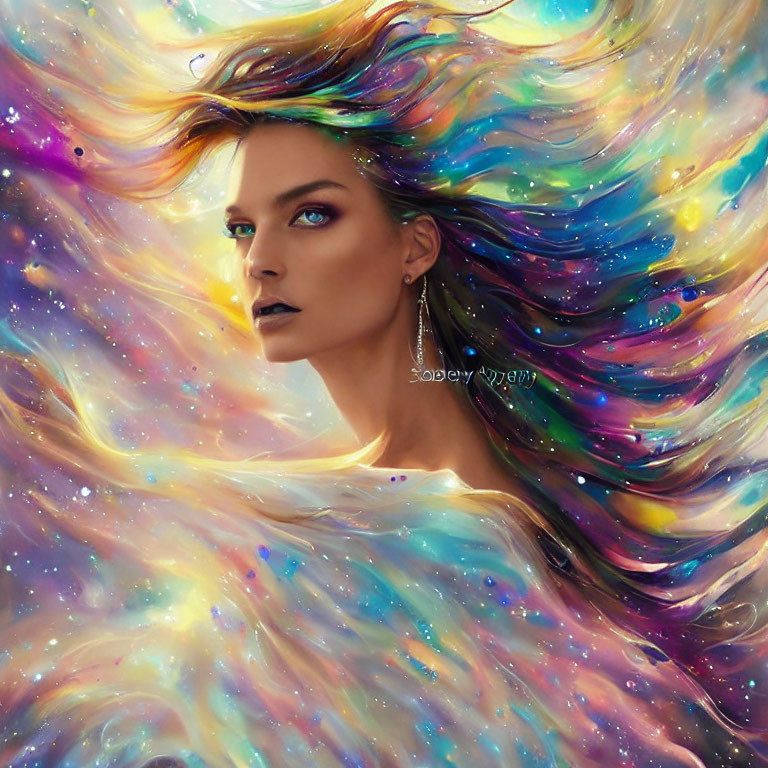 Vibrant Galaxy-Themed Hair with Striking Blue Eyes