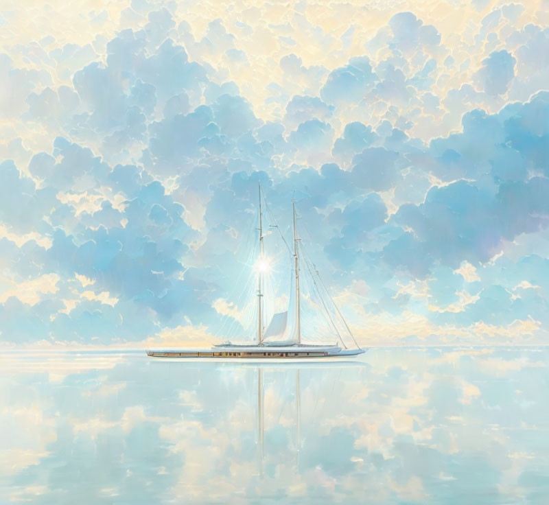 Sailboat on calm waters under vast sky with fluffy clouds