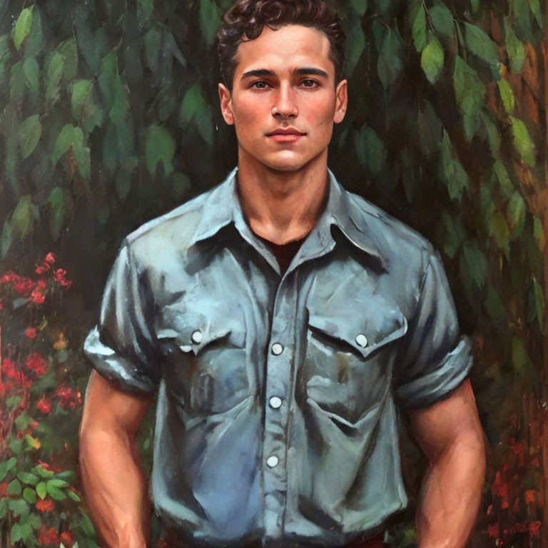 Young man with curly hair in blue shirt against green foliage and red flowers