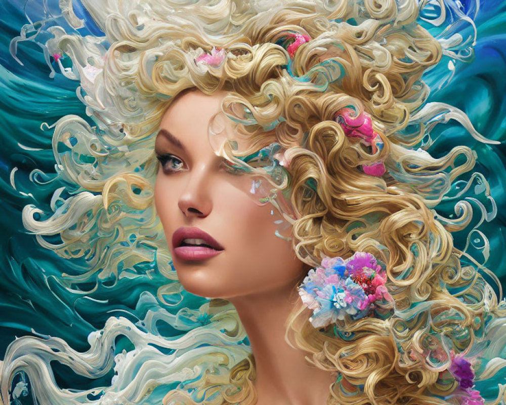 Blonde woman with floral hair in ocean-inspired digital art