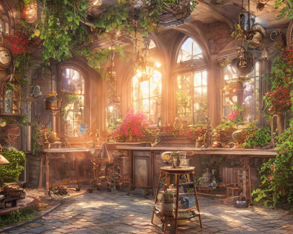 Enchanting room with vintage clocks, rustic furniture, and plants