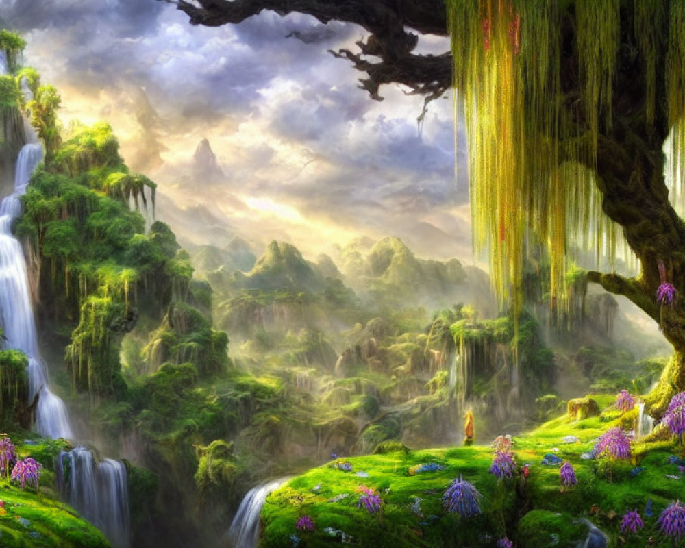 Lush landscape with waterfalls, large trees, hanging moss, and purple flowers