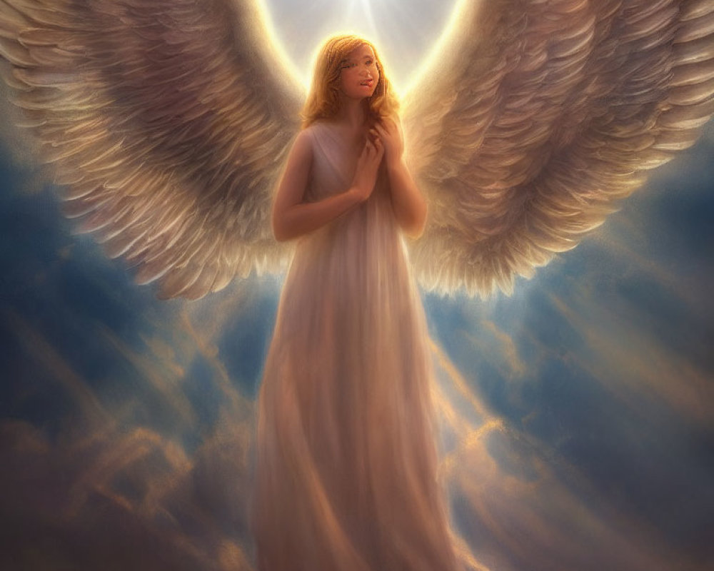 Ethereal being with large wings and halo in clouds exuding peace