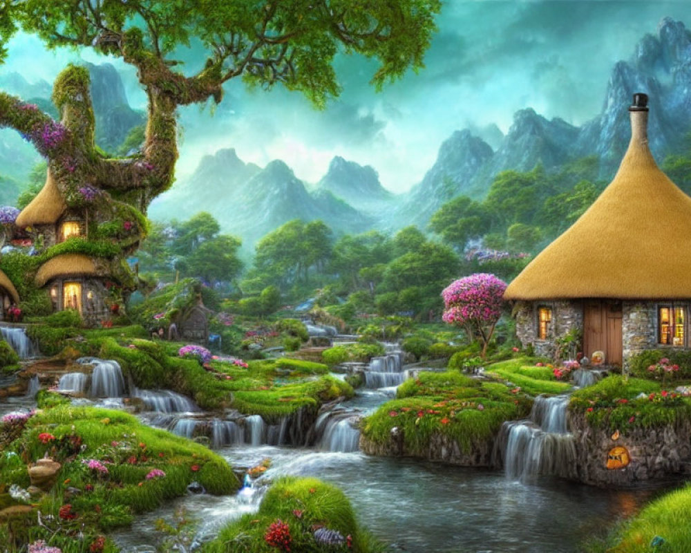 Enchanting fantasy landscape with cottages, waterfalls, and mountains