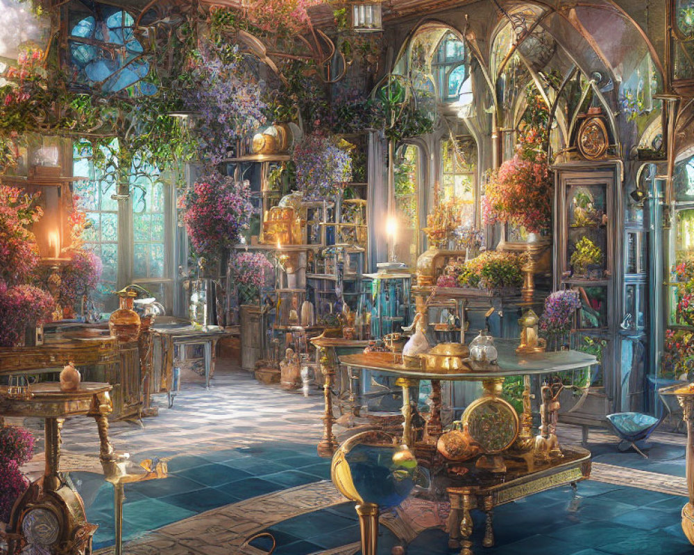 Lush conservatory with flowering plants, elegant furniture & vintage ornaments