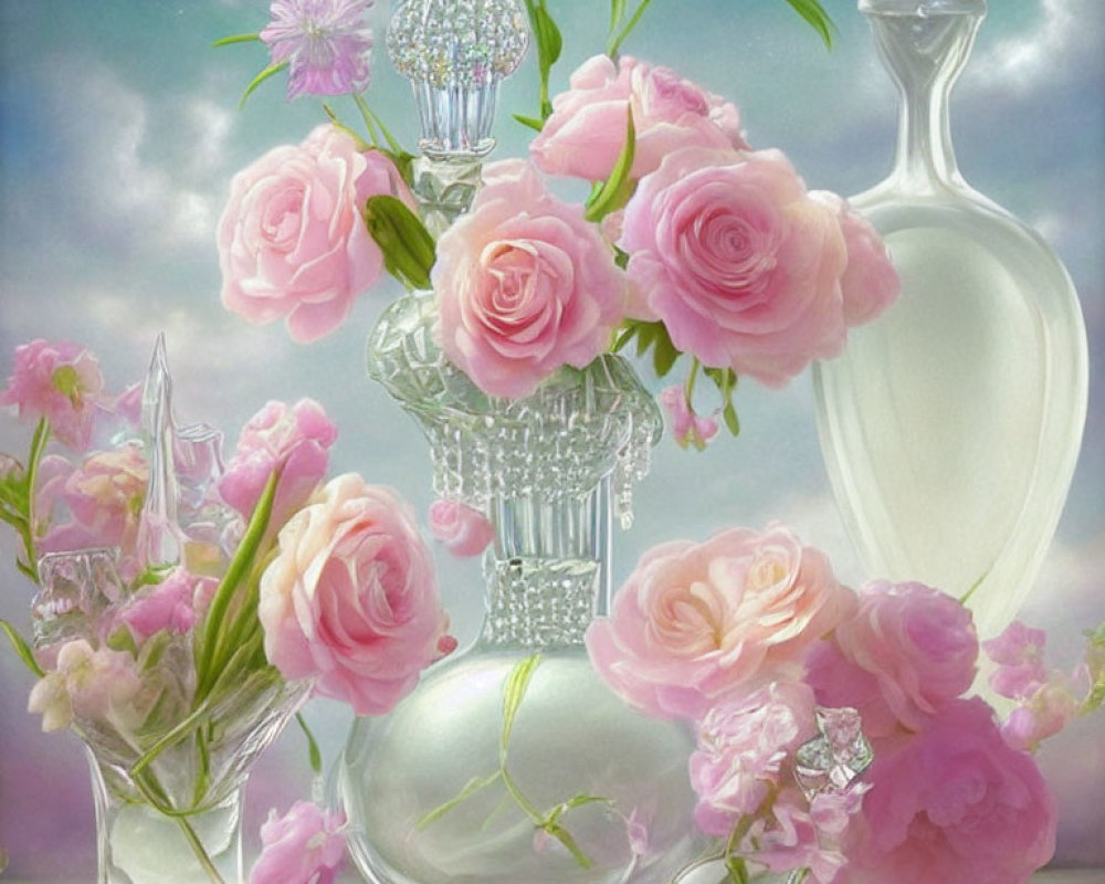 Pink Roses and Blossoms in Crystal Vases Against Cloudy Backdrop