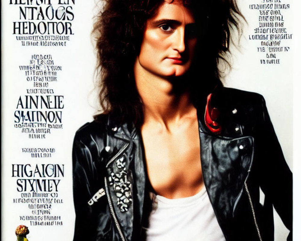 Curly-haired person in leather jacket holds red pepper on "Rolling Stone" cover