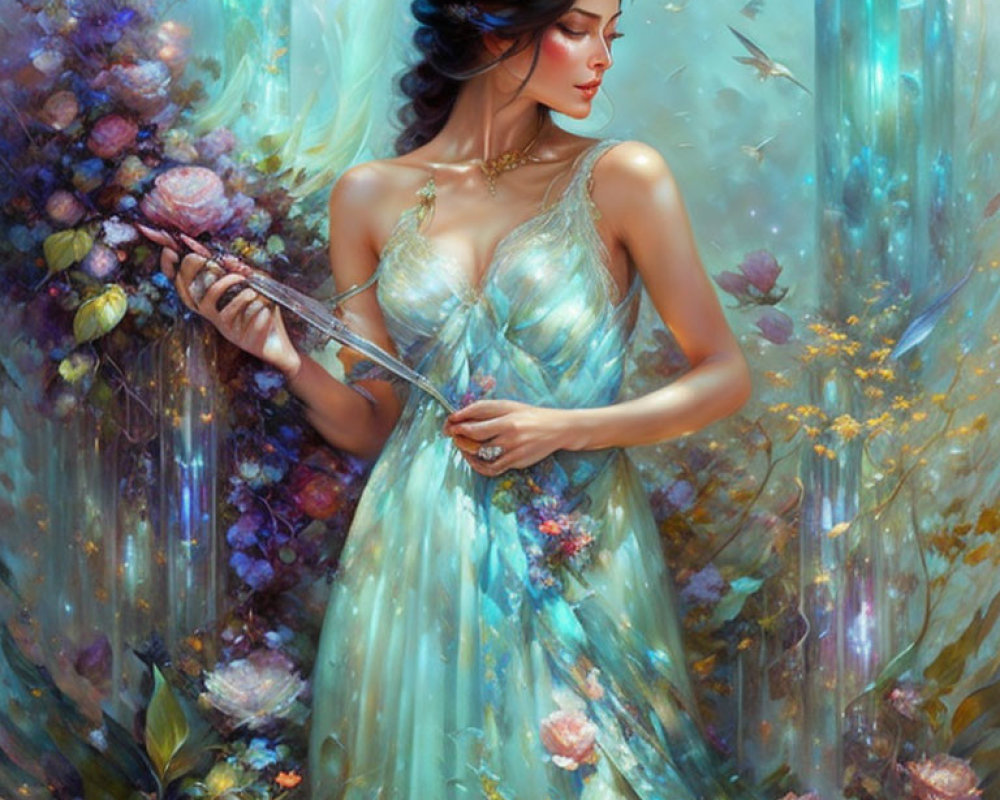 Ethereal woman in teal gown painting in vibrant floral ambiance