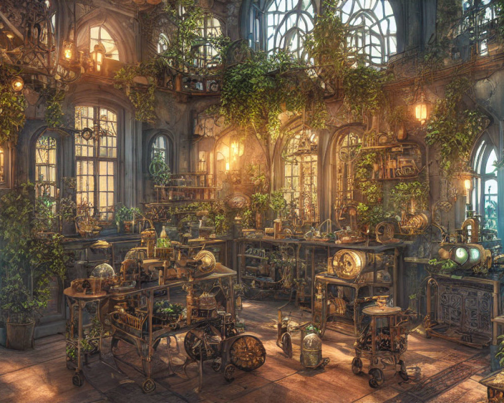 Steampunk laboratory with brass gear, gadgets, vining plants, and warm light.