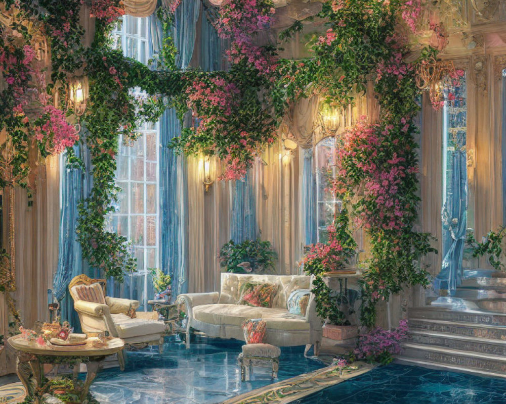 Luxurious room with hanging gardens, elegant furniture, and marble floor