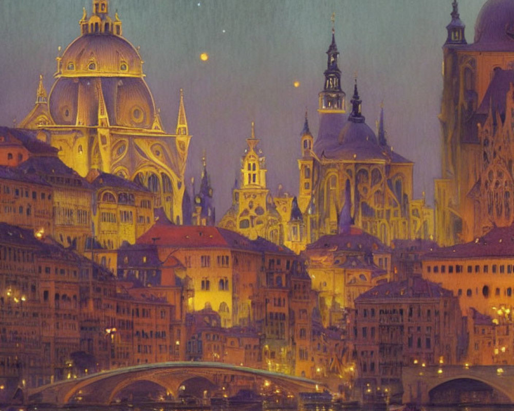 Illustrated nighttime cityscape with river, ornate buildings, bridge, lanterns, starry sky