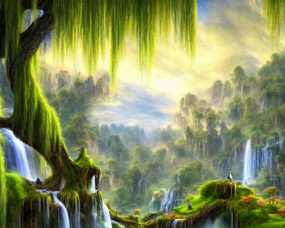 Mystical landscape with waterfalls, lush greenery, and Spanish moss