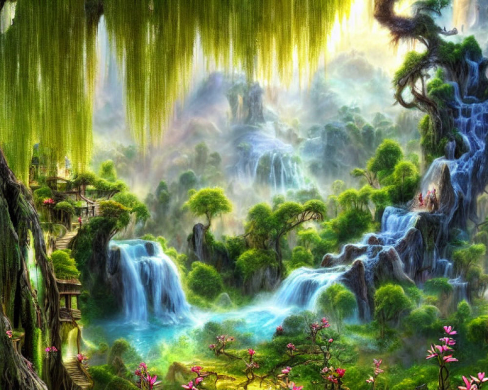 Fantasy landscape with lush greenery, cascading waterfalls, treehouses, and pink flowering trees