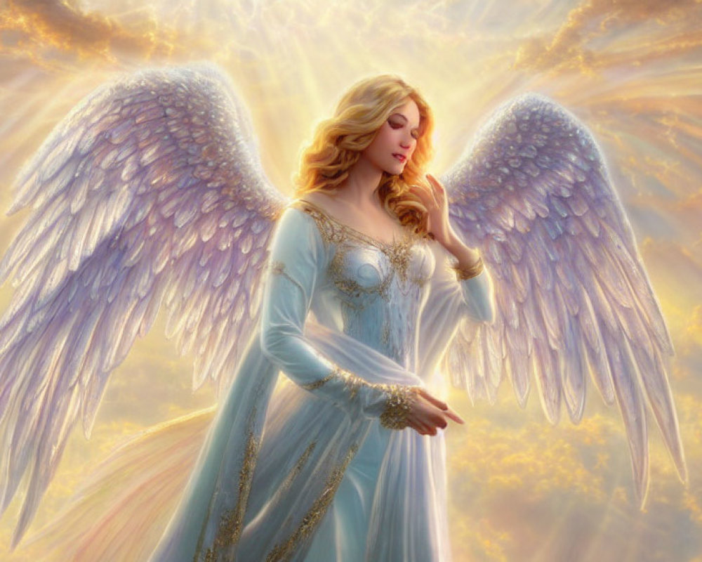 Detailed Angel with Large Wings in Light Blue Gown Against Radiant Glow