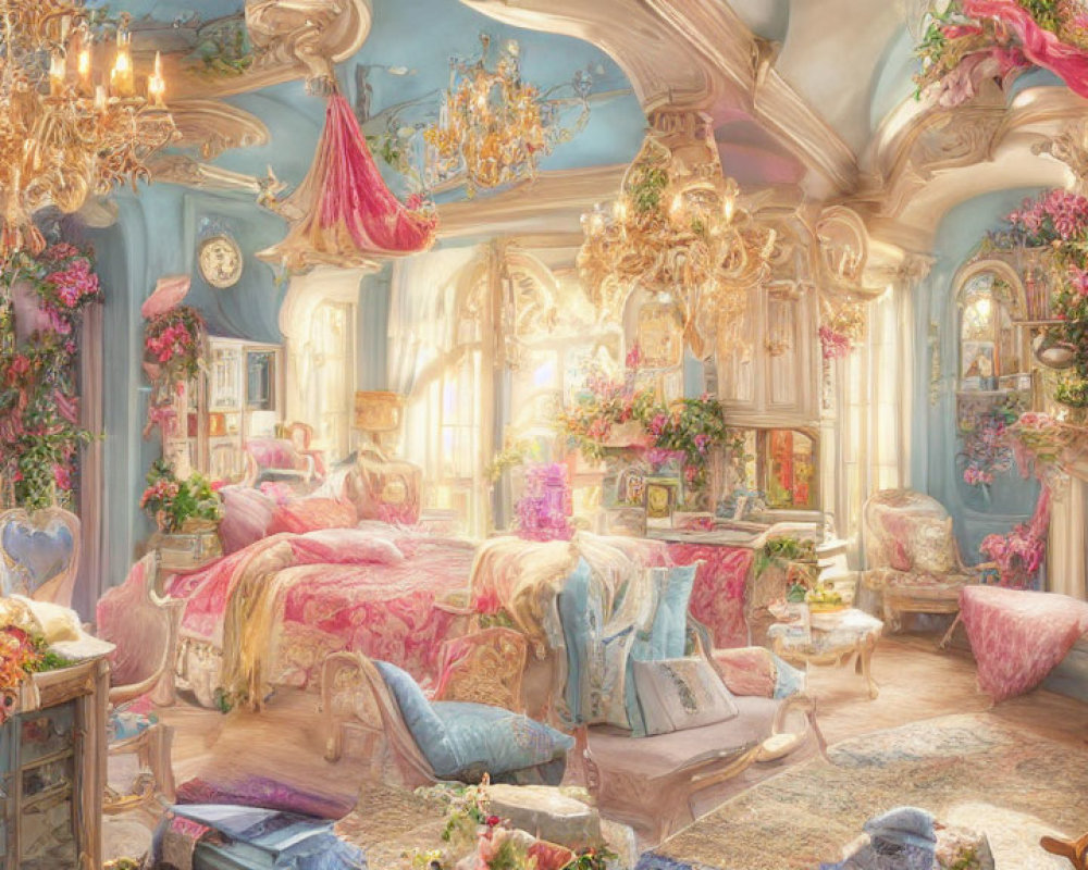 Luxurious Pink Bedroom with Floral Decor and Gold Accents