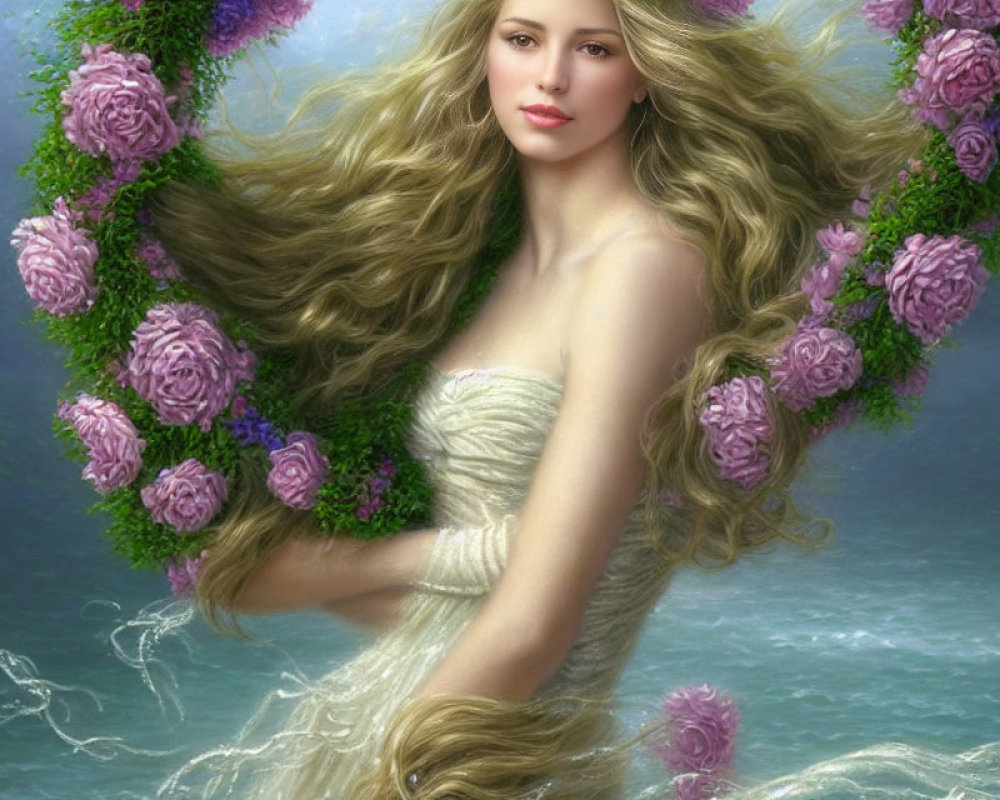 Digital Illustration of Woman with Flowing Hair and Purple Flowers in Strapless Dress