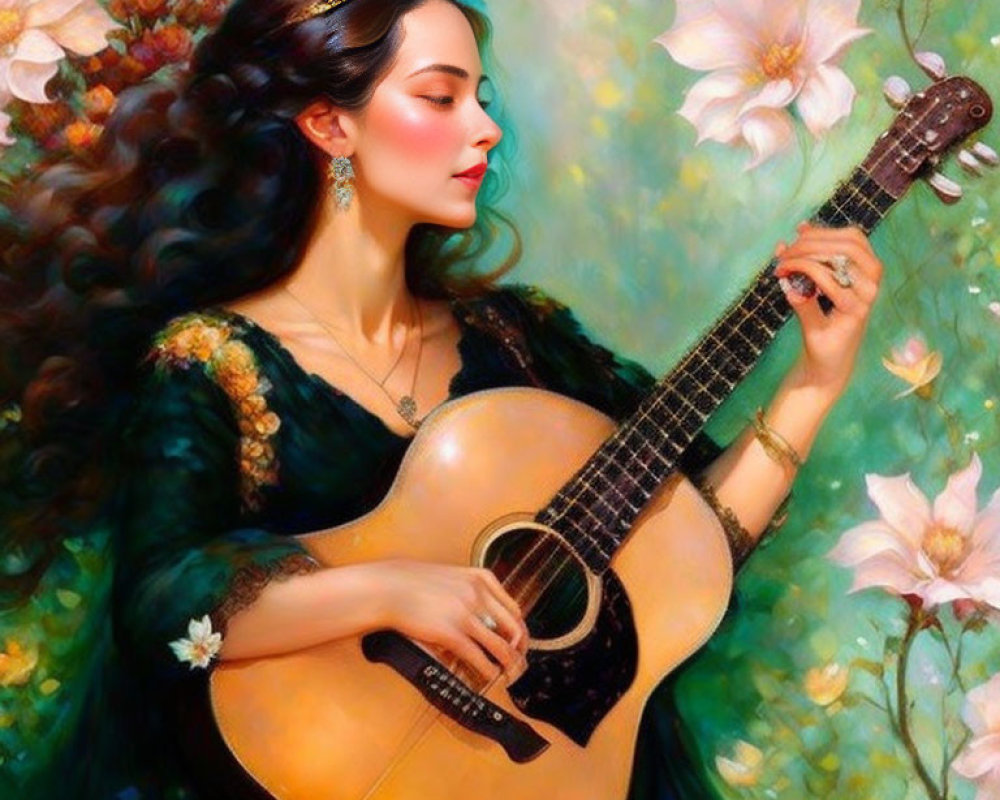 Illustration of woman playing guitar in green dress among blooming flowers