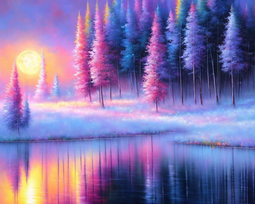 Mystical forest painting: vibrant colors, moonlit sky, mist-covered landscape