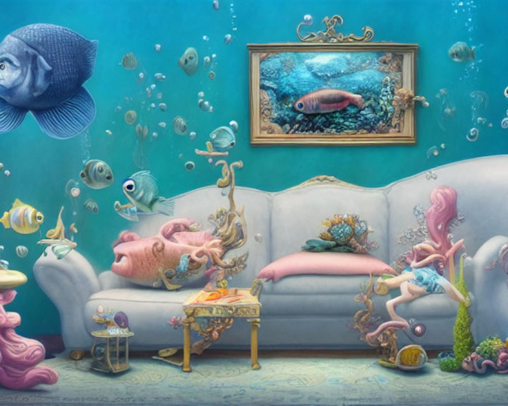 Mermaid lounging in submerged living room surrounded by fish and coral