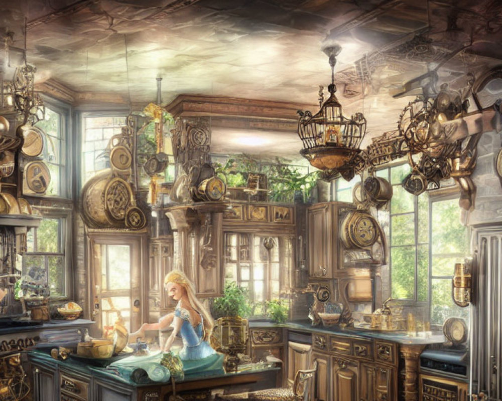 Steampunk-themed room with clocks, gears, and brass fixtures, woman reading by window.