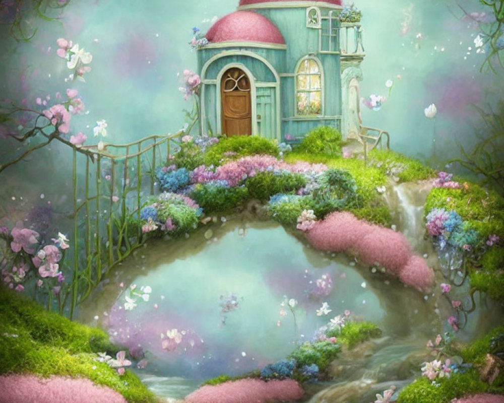 Whimsical round house with pink and turquoise dome in lush garden