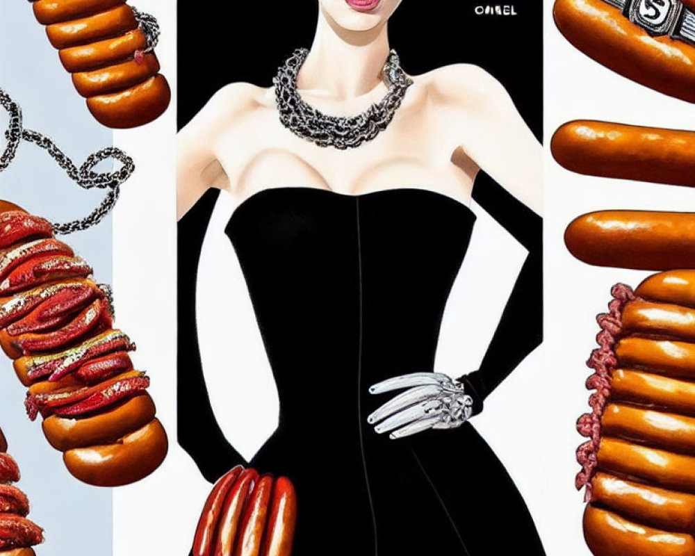 Stylized woman in black dress with jewelry next to grilled hot dogs