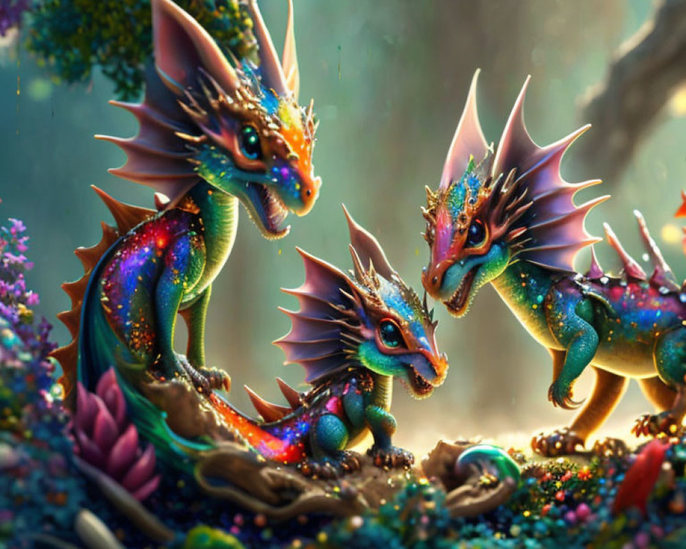 Colorful Iridescent Dragons in Vibrant Forest Scene