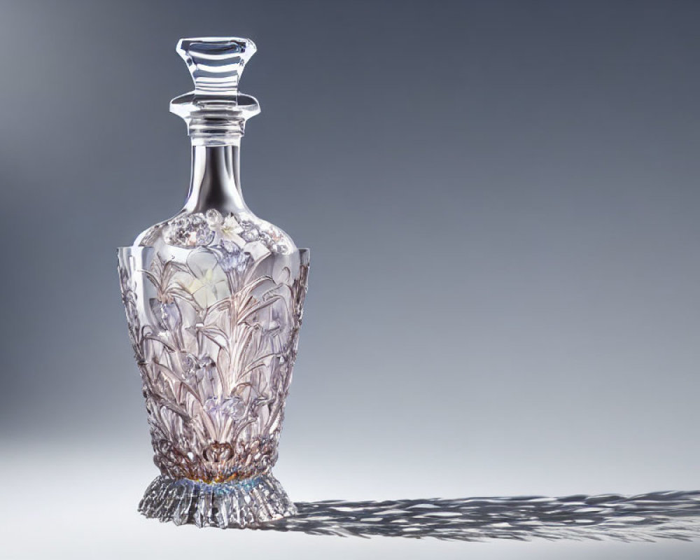 Intricate Crystal Decanter with Clear Stopper on Gray Gradient Background