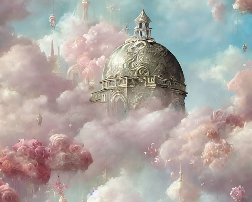 Fantastical cityscape with ornate towers and domes in pink cloud sky