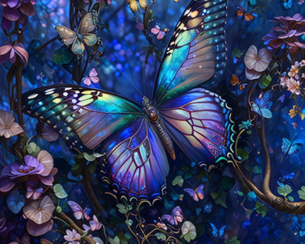 Colorful artwork: Oversized butterfly with glowing wings in mystical flower-filled scene