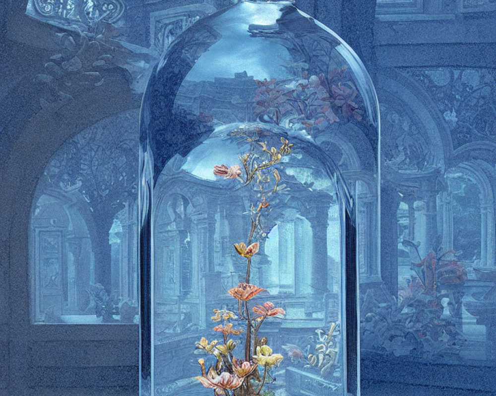 Enchanted rose under glass dome with fallen petals against castle backdrop