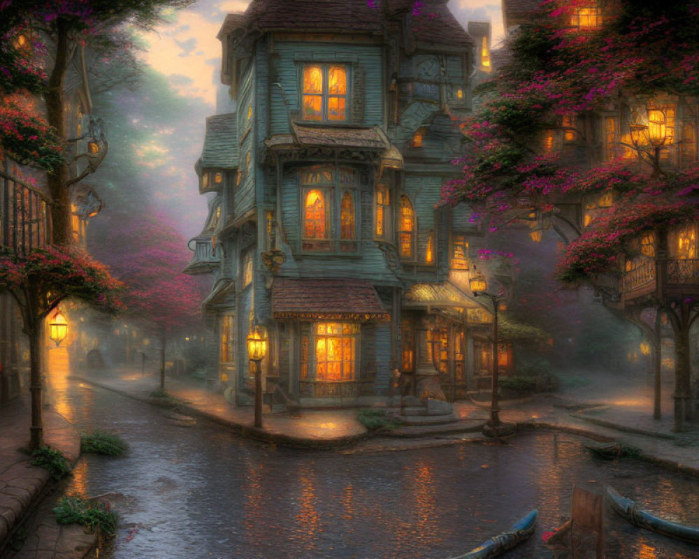 Twilight fairy-tale village with cobblestone streets and whimsical blue house