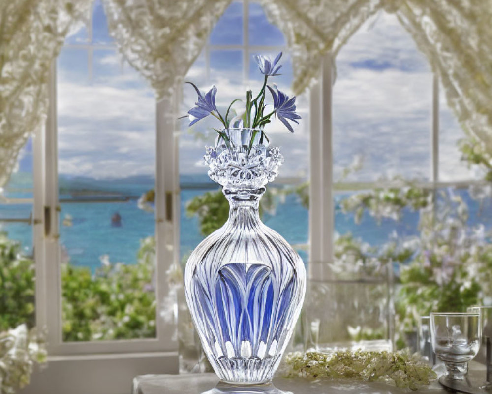 Blue Floral Design Crystal Vase with Purple Flowers on Table by Open Window