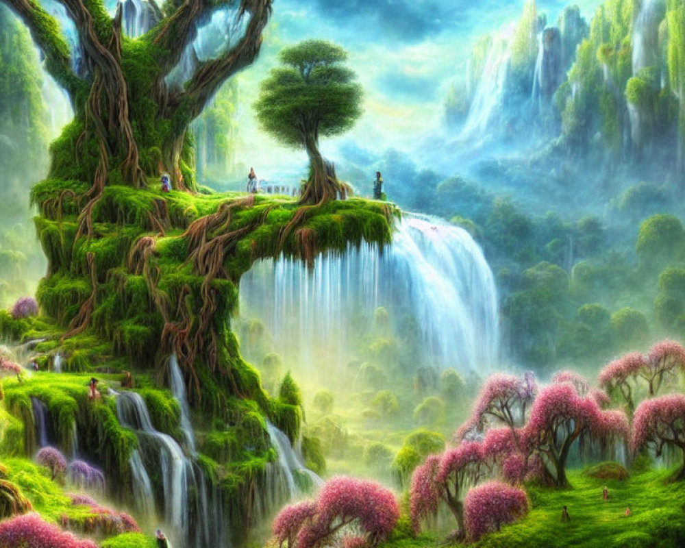 Fantastical landscape with giant tree, waterfalls, lush greenery, and pink-flowered trees