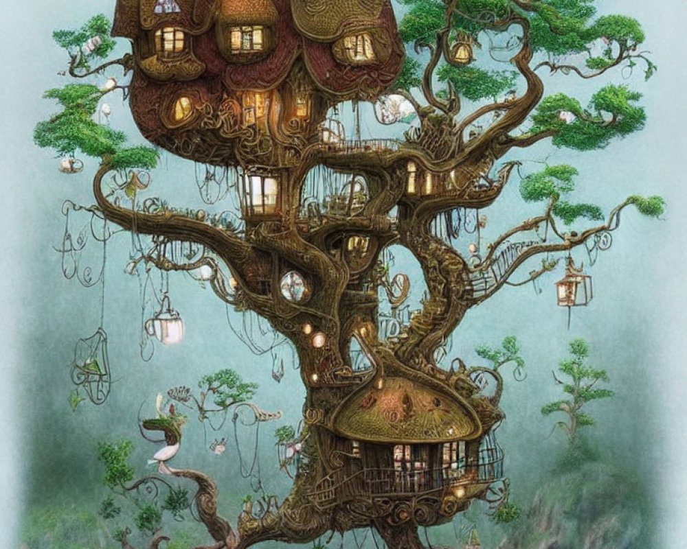 Multi-level treehouse with lanterns in lush tree branches