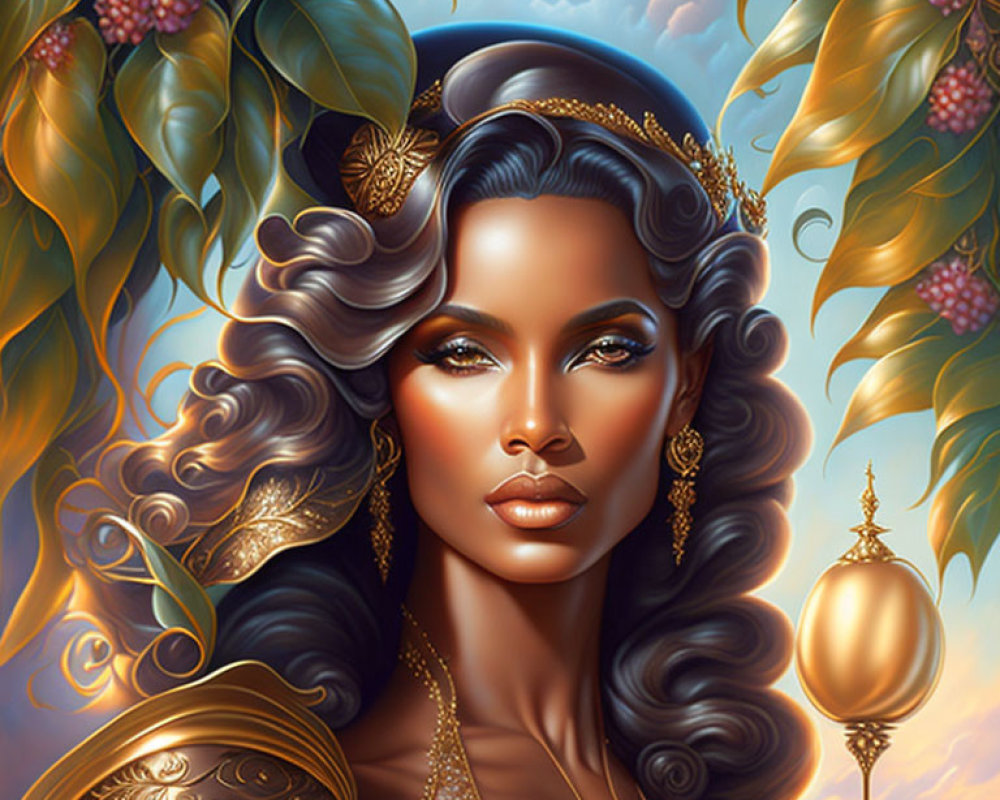 Illustrated portrait of woman with flowing hair and gold ornaments against sunlit foliage.