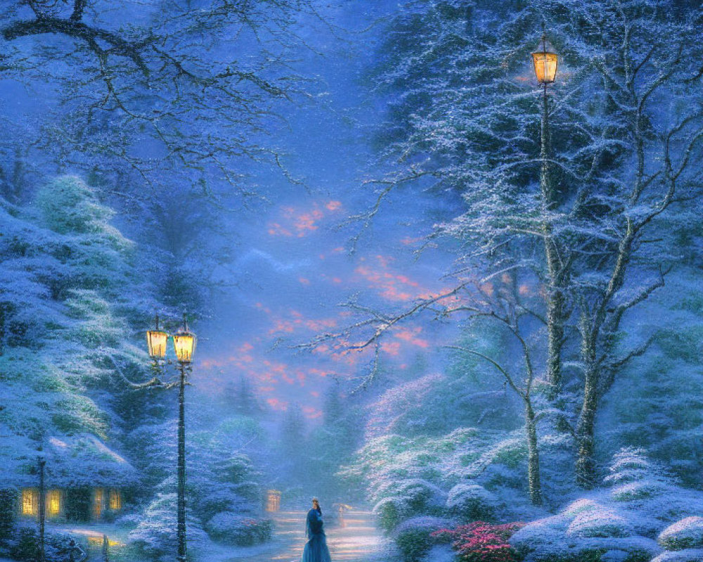 Person in Blue Dress Walking on Snowy Path at Twilight