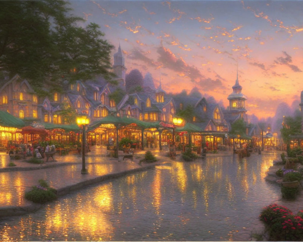 Picturesque village at twilight with quaint houses, lit street lamps, serene river, and bird-filled sky