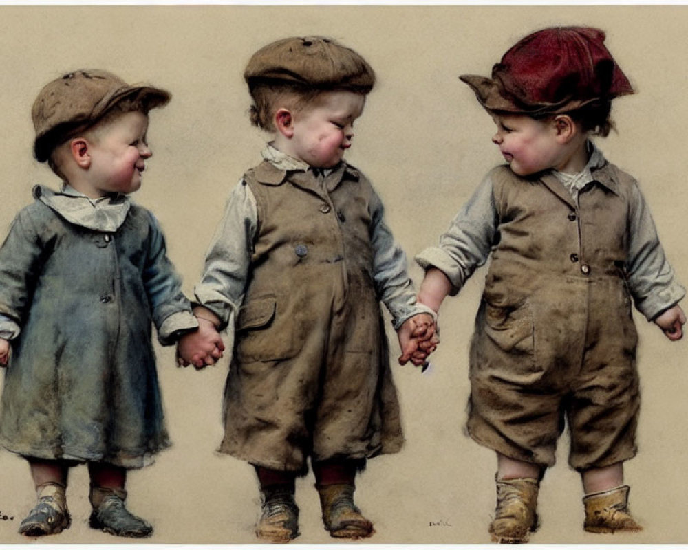 Vintage-style children holding hands in caps and overalls, girl in a dress