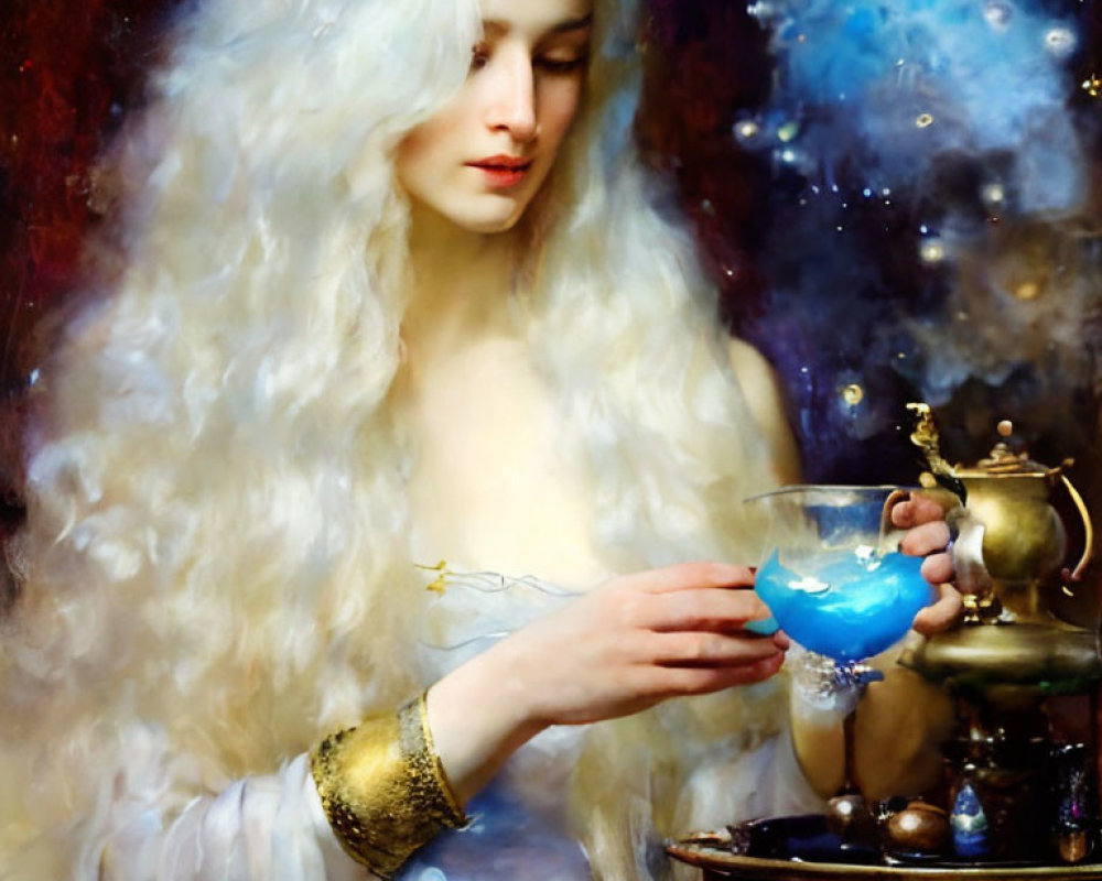 Fantasy painting of pale woman with white hair holding blue goblet in dreamy starry setting