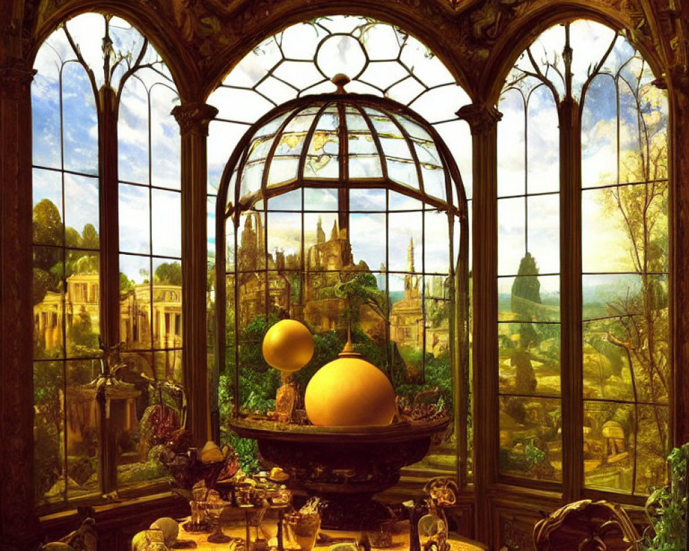 Victorian interior with stained glass window, ornate cage, globe, and decorative table in scenic backdrop