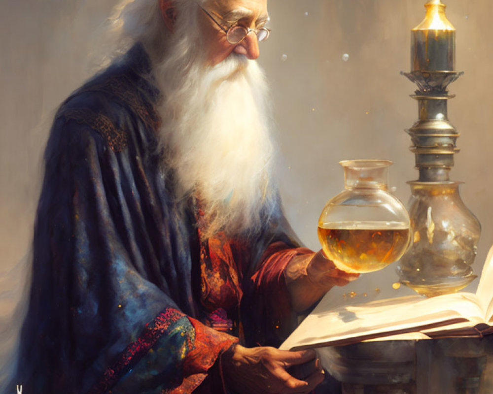 Elderly wizard studying tome with glowing potion and brass lamp