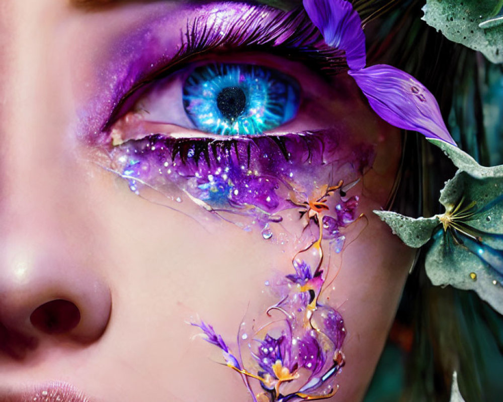 Detailed close-up of vibrant blue eye with purple makeup, glitter, flowers, and petals.