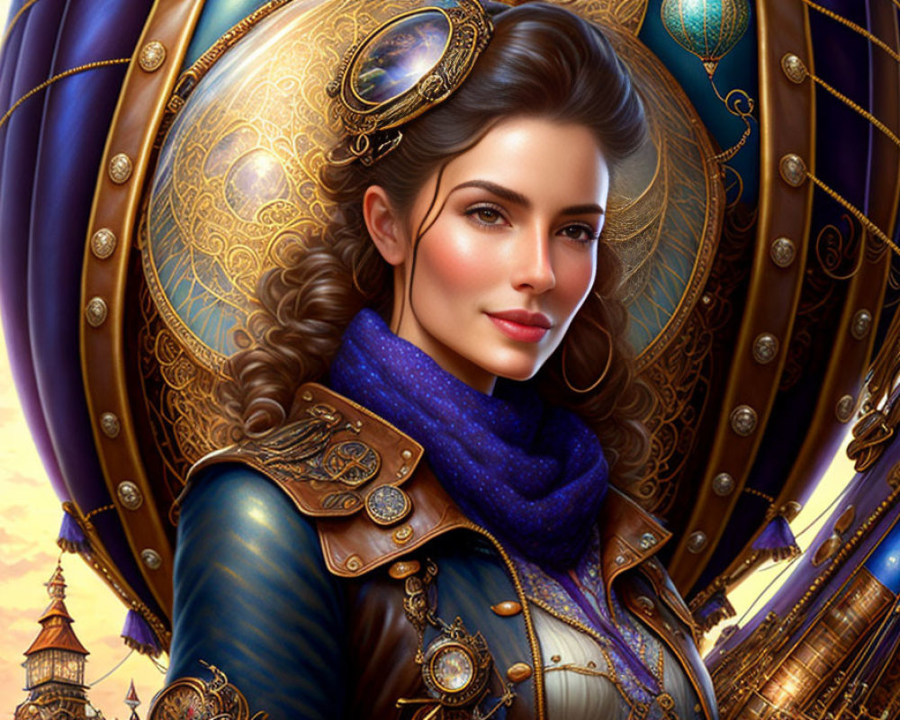 Detailed Illustration: Woman in Steampunk Goggles & Golden Armor