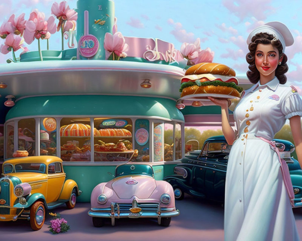 Vintage illustration of smiling waitress with burger in retro diner