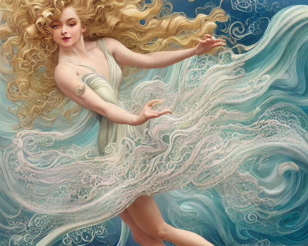 Blonde woman in flowing dress with water-like effect